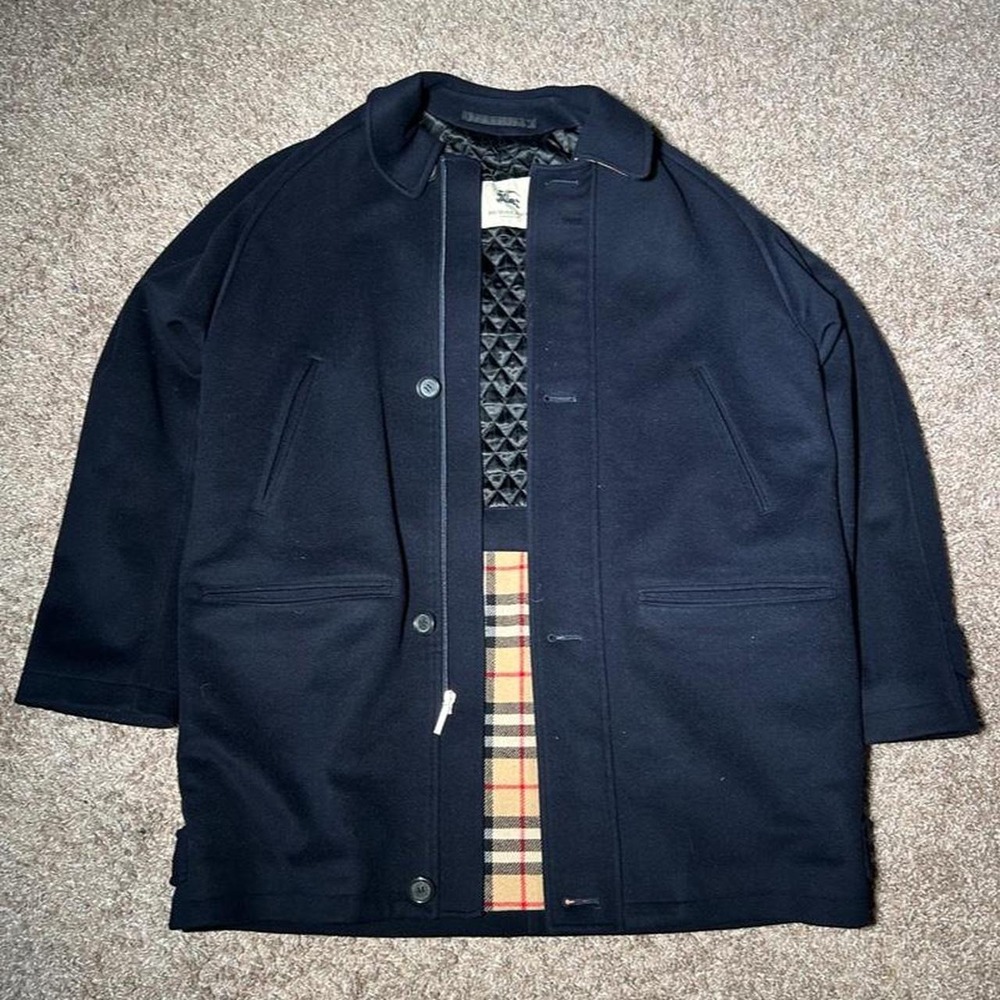 Burberry London Vintage Men Navy Wool Cashmere Car Coat Quilted Nova Check Coat